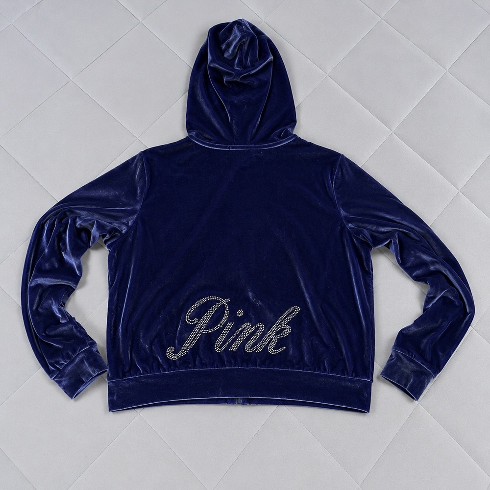 Victoria's Secret PINK Velour Hoodie Navy Blue Rhinestone Logo Zip Up Jacket L